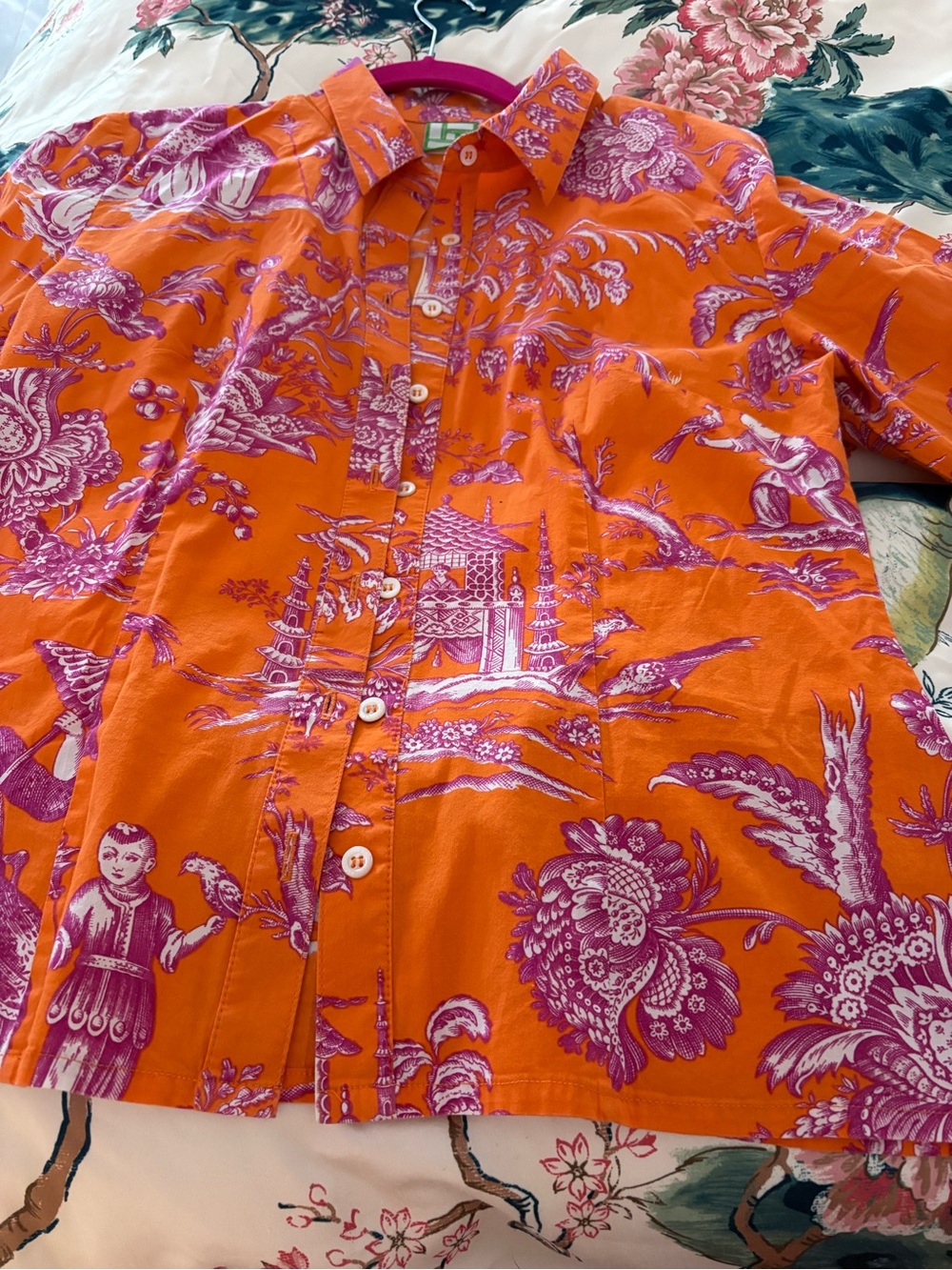 Orange & Pink Toile Scenic Print Button-Up Shirt 8 - Picture 2 of 7